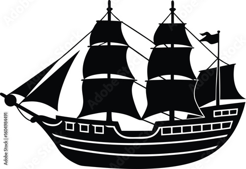 Silhouette of a majestic galleon sailing ship with detailed rigging and sails against a white background