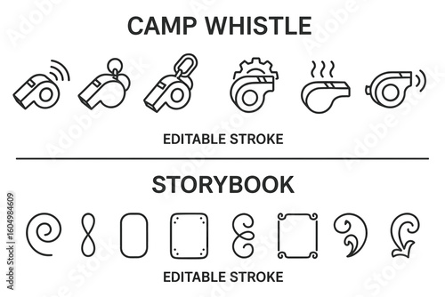 Collection of camp whistle and storybook icons with editable stroke