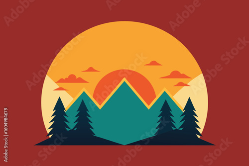 Retro Mountain Sunset Illustration: Teal Peaks, Evergreen Trees, Orange Sky Art Print