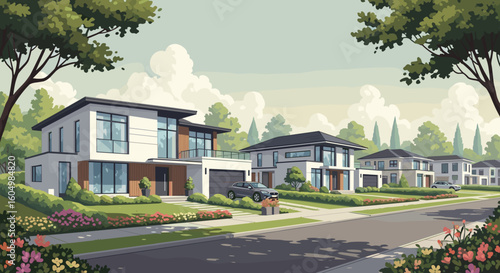 Discover modern suburban dream homes nestled among lush greenery and vibrant blooming flowers on a sunny day.