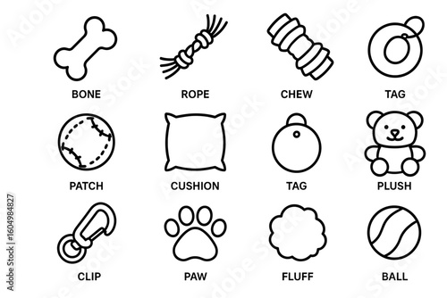 Collection of pet toy icons featuring bones, ropes, tags, and cushions
