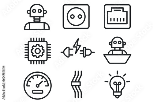 Robots, technology icons, circuitry, and innovation symbols in linear style