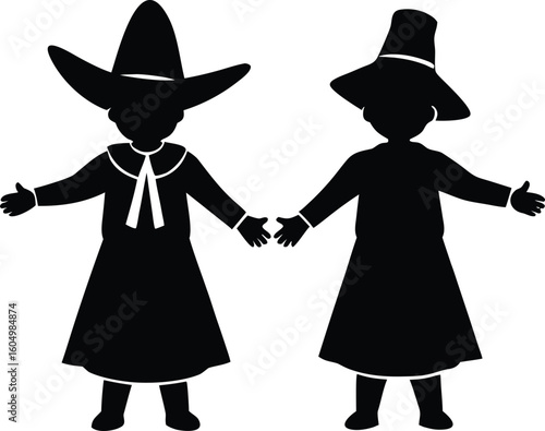 Silhouette of children dressed as pilgrims for Thanksgiving celebration vector design