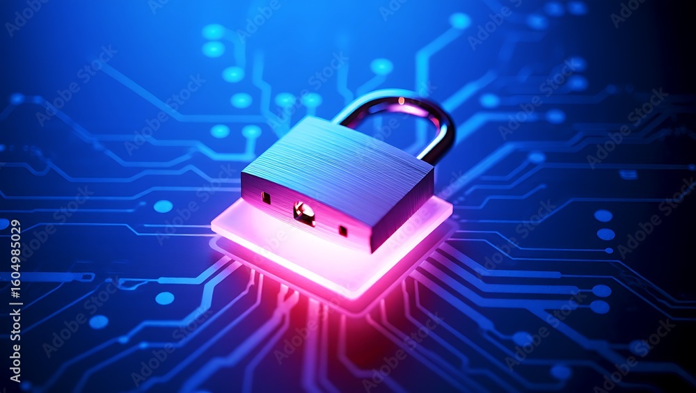 Fototapeta premium Digital security padlock on glowing computer chip with circuit board background