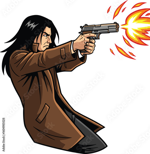 Cartoon action hero with long hair firing handgun while kneeling, muzzle flash sparks, brown coat outfit, cad drawing flat vector illustration