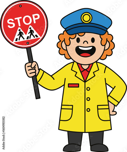 Cartoon crossing guard with stop sign in yellow coat and blue hat, smiling character, cad drawing flat vector illustration for safety