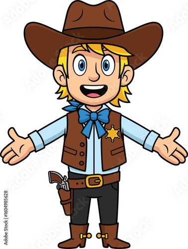Cartoon sheriff with blonde hair and blue bow tie in cowboy hat, revolver holster, smiling pose, cad drawing flat vector illustration