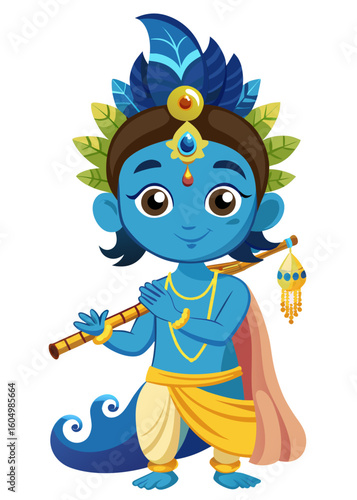 Cute cartoon baby krishna playing the flute with peacock feathers
