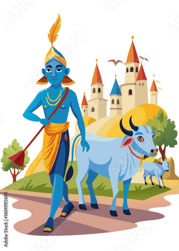 Blue skinned krishna walks with a sacred cow and calf in a pastoral landscape