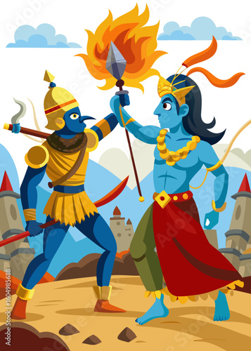 Two blue skinned warriors with weapons clash in a stylized battle scene