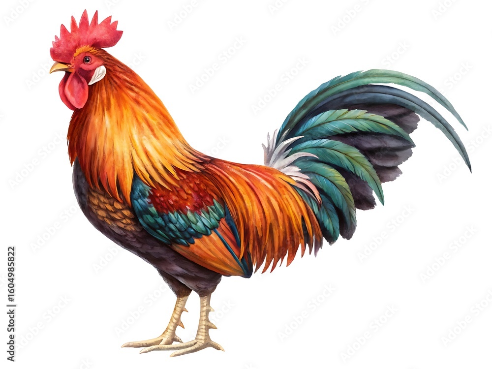Fototapeta premium A colorful rooster illustration stands proudly isolated on white background, showcasing its vibrant feathers and detailed features in a full body portrait