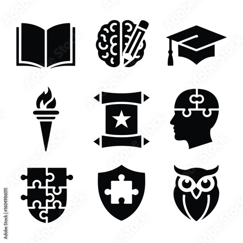 Black education and knowledge icons arranged in a grid on white background learning wisdom