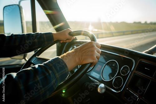 Hands on the steering wheel of a truck driving on a road during sunset