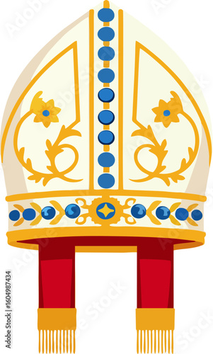 Cartoon Bishop Mitre Hat – Elegant Religious Headdress with Blue Jewels, Floral Embroidery, and Red Lappets