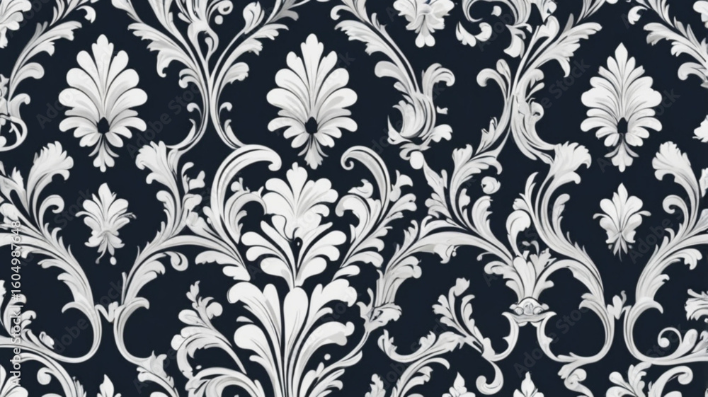 Seamless damask wallpaper.3D render of dark blue damask pattern on dark blue background, seamless pattern.
Seamless damask wallpaper.3D render of dark blue damask pattern on dark blue background, seamless pattern.