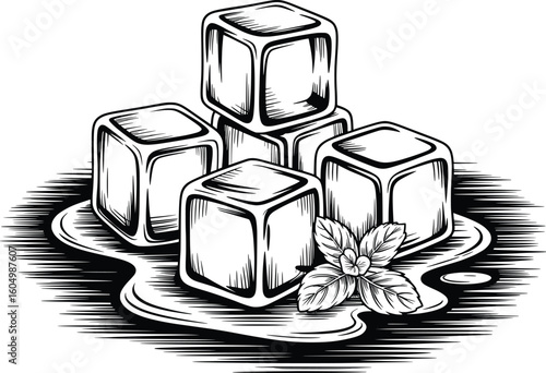 Melting Ice Cubes with Mint Leaves, Hand Drawn Black and White Vector.