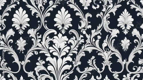 Seamless damask wallpaper.3D render of dark blue damask pattern on dark blue background, seamless pattern.

