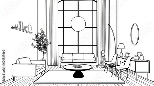 Line drawing of a modern living room interior.