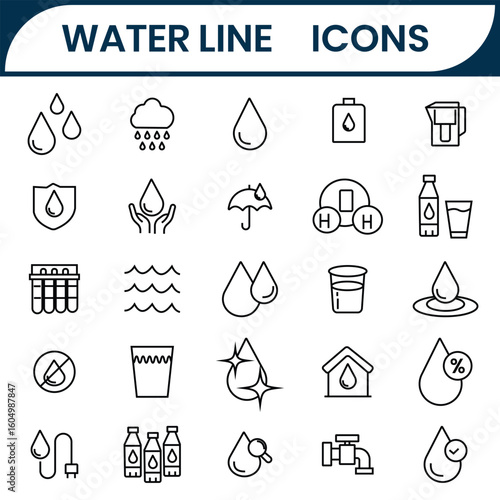 Water related line and flat icons vector. Water line icon, water drop, wave,  Aerate, Purified, Softener, Filtration, water supply, flow rain drop, bottle icon symbol. Vector illustration.