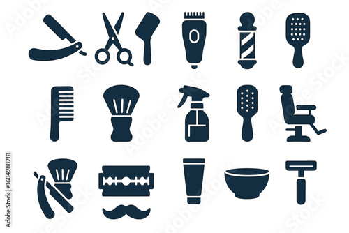 Barber shop tools icons: scissors, razor, comb, chair, clipper, brush, spray bottle