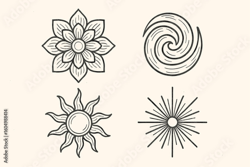 Elegant minimalist mandala and sunburst design elements