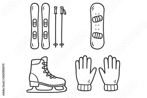 Hand-drawn winter sports equipment: skis, snowboard, ice skates, and gloves