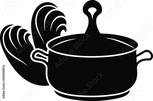 Black and white vector illustration of a cooking pot with a lid standing next to stylized sheaf of wheat perfect for culinary blog