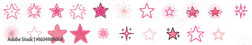 A whimsical set of hand-drawn pink star and sparkle icons, including hollow stars, bursts, glows, glitter accents, and retro outline shapes.