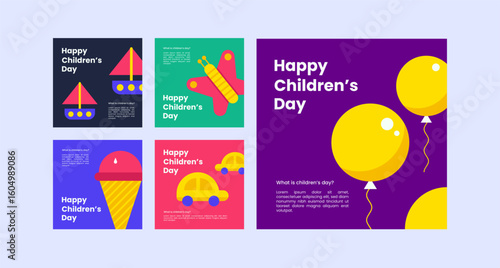Children day greeting social media posts. Set of flat vector illustrations. Minimalistic background illustrations for sales, advertisements, coupons. Banner, poster, flyer.