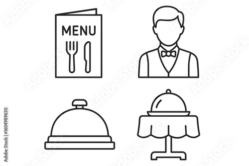 Restaurant icons collection: menu, waiter, bell, table setting in black and white