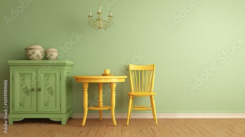 A pastel green room with a yellow table and chair.