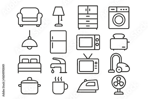 Home appliance and furniture icons including sofa bed lamp and kitchenware