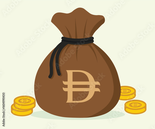 Flat vector illustration of brown money bag with UAE dirham symbol and golden coins, cartoon icon ideal for Middle Eastern finance, economy, and investment concepts