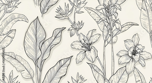 Luxury nature line art ink drawing background vector. Botanical leaves, Canna leaves, banana leaf, and Tropical floral pattern  vector illustration.