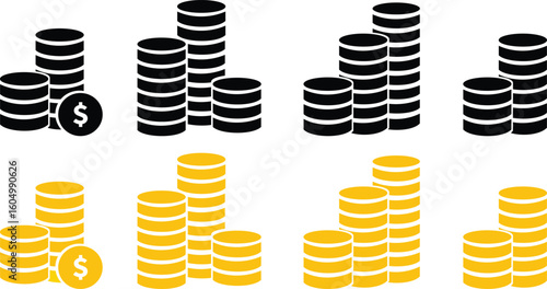 Stack of coins with dollar sign icon set. Currency coins sign representing savings, wealth, investment, or financial accumulation. Coin Stack icon design isolated on transparent background.