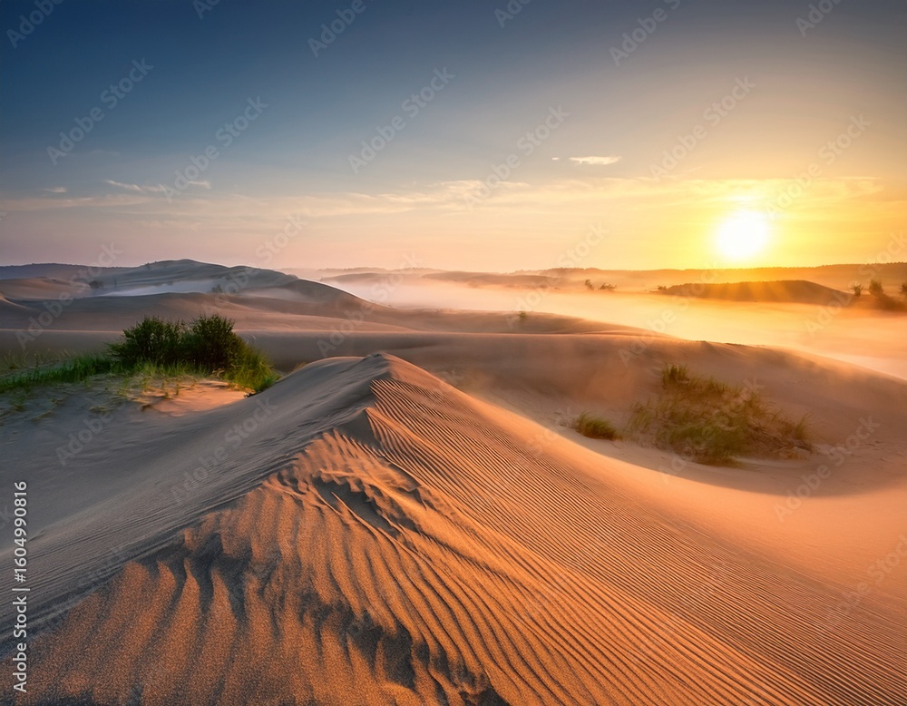 Fototapeta premium summer misty sunrise over sand dunes