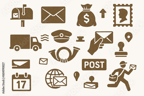 Vintage postal icons collection: mailbox, stamp, truck, and more