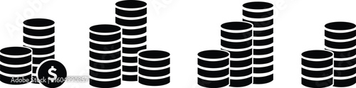 Stack of coins with dollar sign icon set. Currency coins sign representing savings, wealth, investment, or financial accumulation. Coin Stack icon design isolated on transparent background.