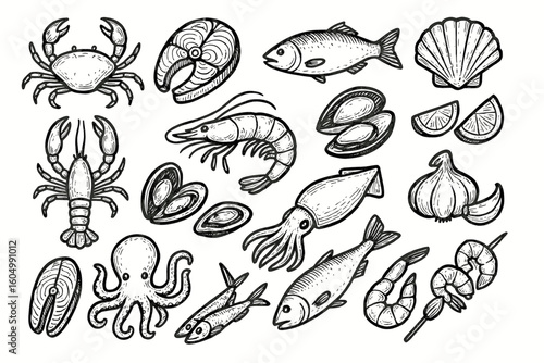 Hand-drawn seafood collection with fish, shells, and marine creatures in black and white