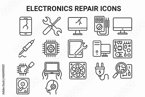 Set of electronics repair icons with tools and devices