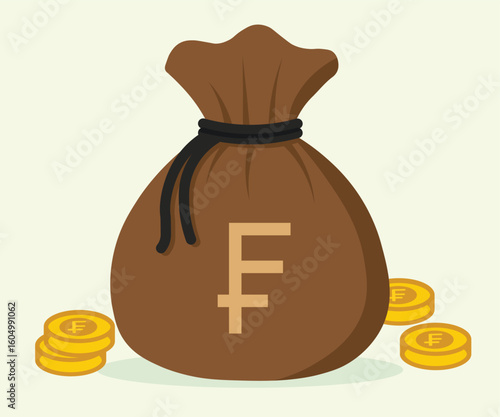 Flat vector cartoon-style money bag with Swiss franc symbol and golden coins, brown sack design, ideal for finance, investment, and European currency-based visuals
