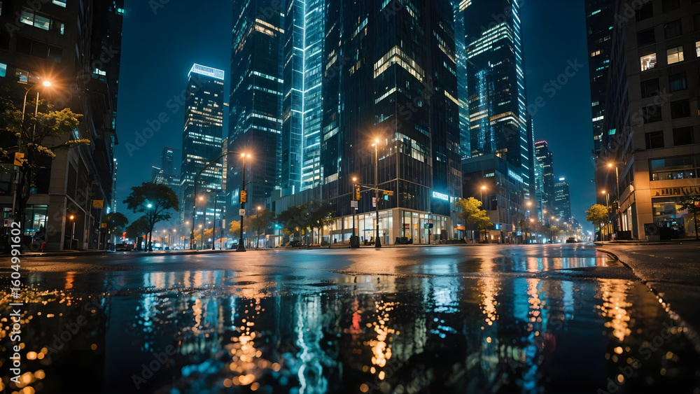 Naklejka premium Nighttime cityscape photo of illuminated modern skyscrapers, street lights, and reflections on wet pavement, vibrant urban atmosphere, no people.