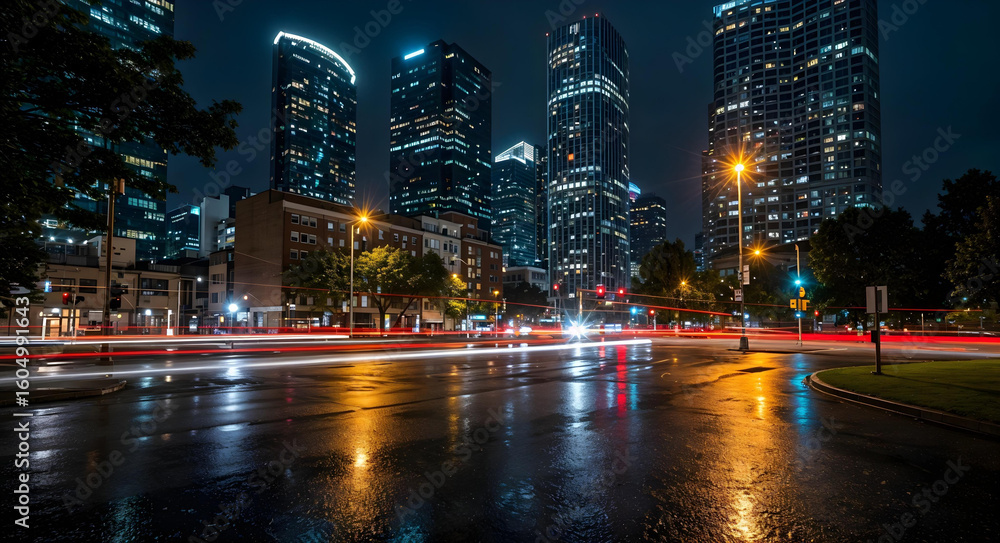 Obraz premium Nighttime cityscape photo of illuminated modern skyscrapers, street lights, and reflections on wet pavement, vibrant urban atmosphere, no people.