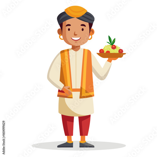 Smiling indian man in traditional attire holding a plate of food