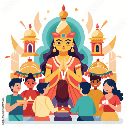People gather to worship a goddess during a vibrant cultural festival celebration