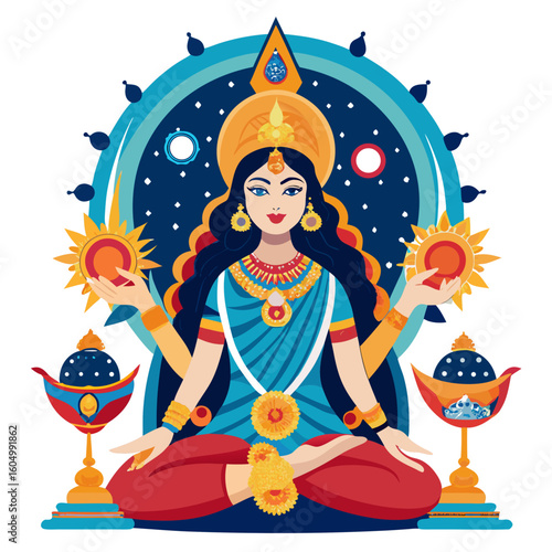 Beautiful hindu goddess holding suns in her hands with cosmic background