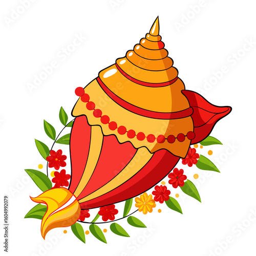Decorative indian shankh conch shell with flowers and leaves illustration