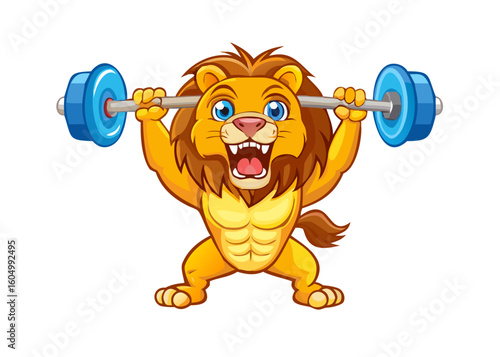 vector illustration of lion lifting barbell and cheering
