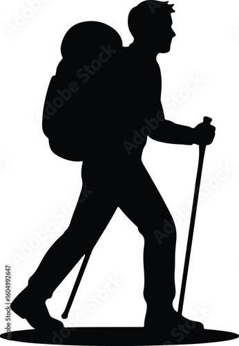 Silhouette hiker trekking with backpack and poles vector illustration