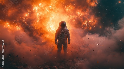 Fototapeta Naklejka Na Ścianę i Meble -  Astronaut amidst fiery cosmic clouds